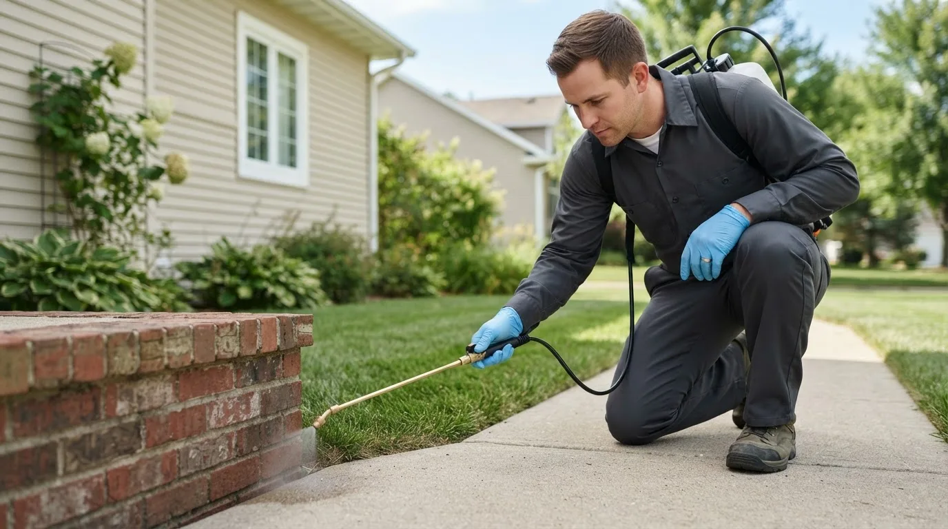 Pest control technician treating a home near Gladstone, IL