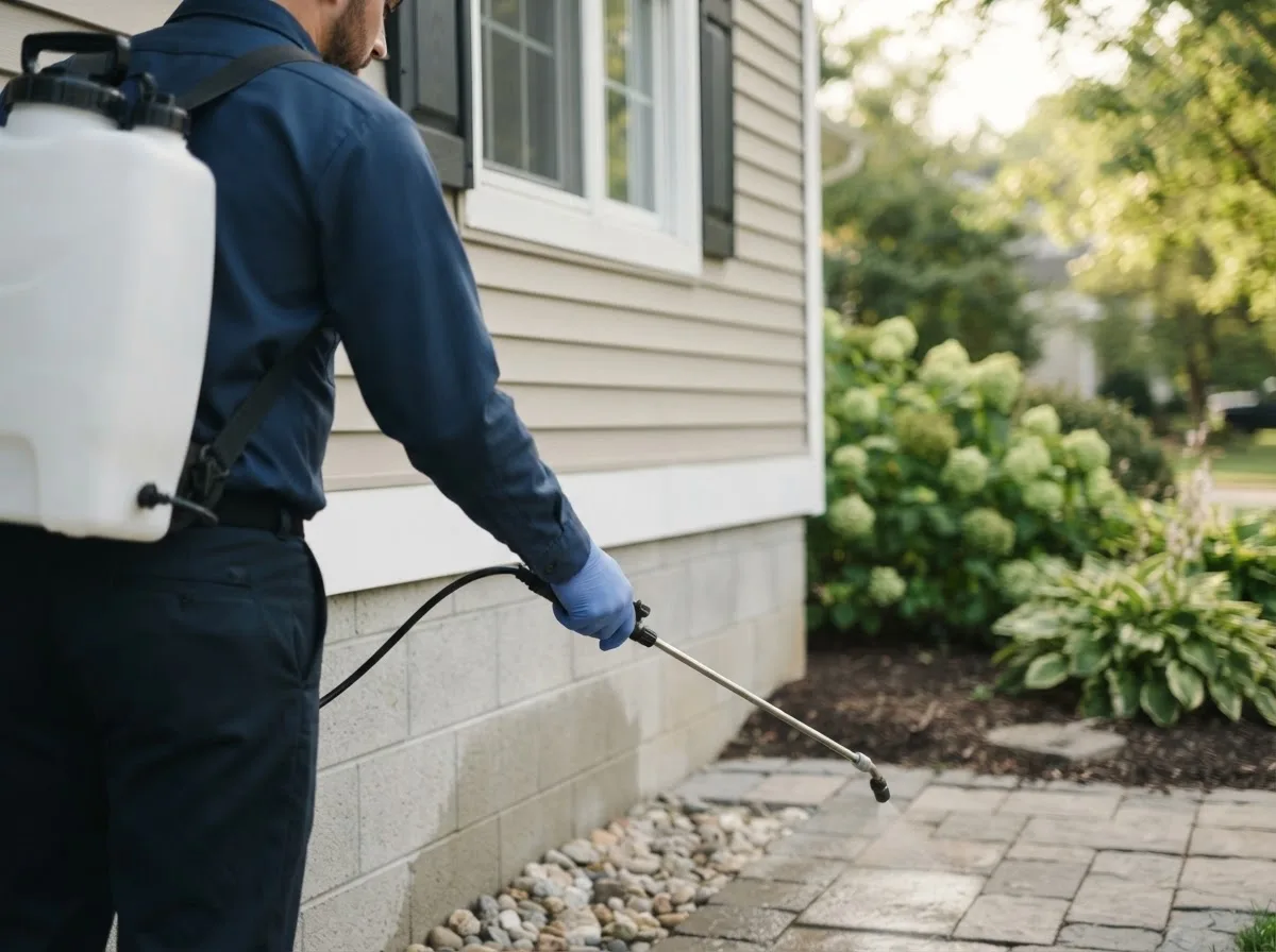 Pest control technician inspecting a home in Gladstone, IL